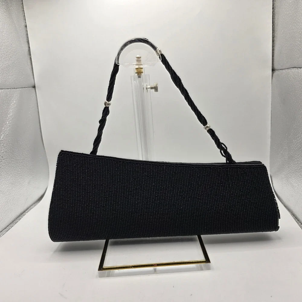 Vintage Style Black Beaded Rhinestone Art Deco Evening Clutch Bag Shoulder Bag